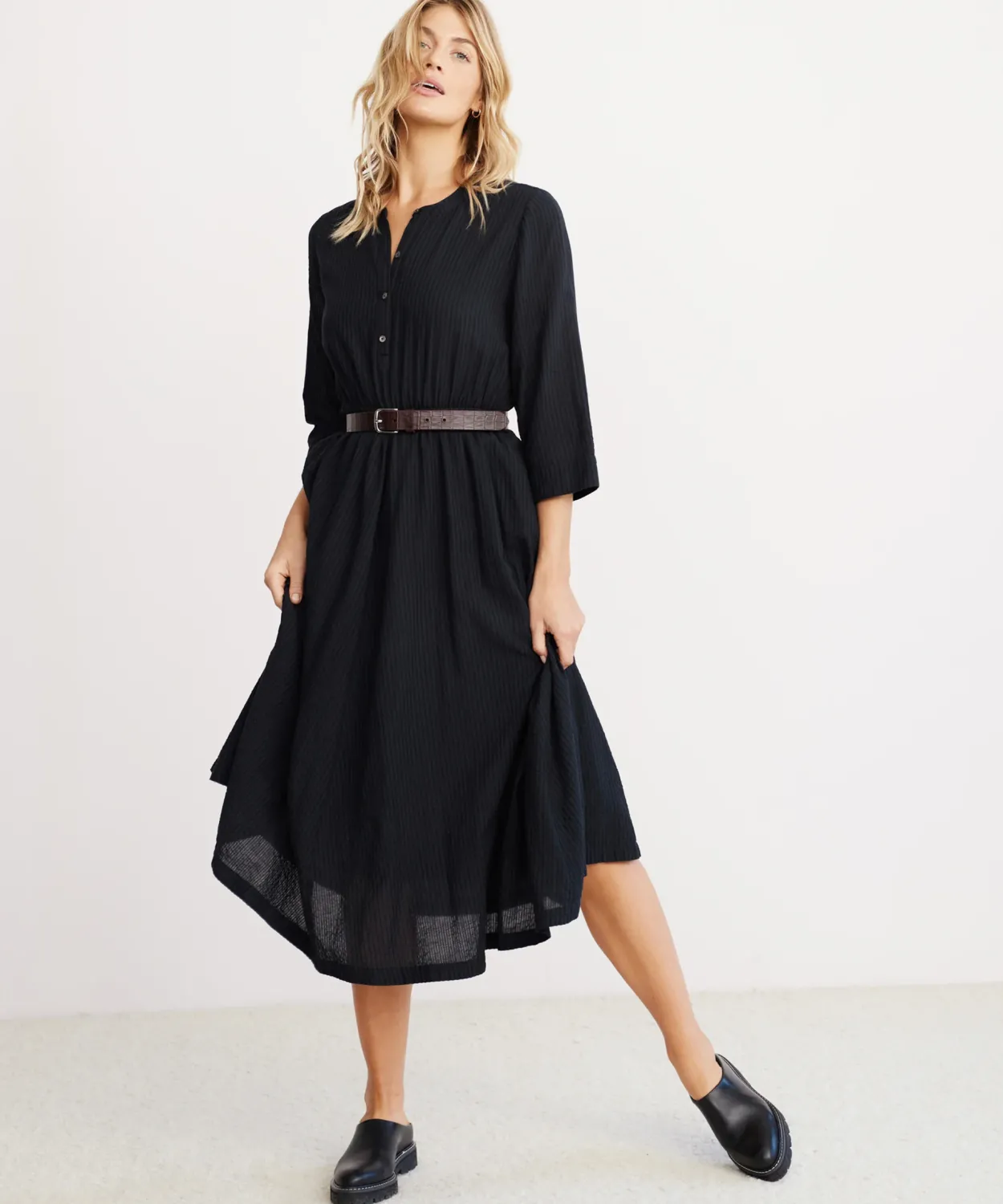 New Seersucker Shirt Dress Women Long Sleeve Dresses