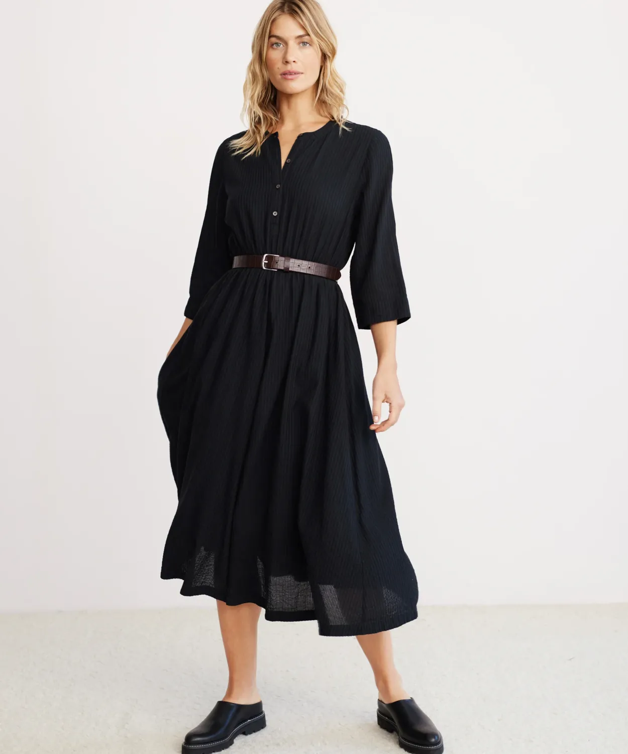 New Seersucker Shirt Dress Women Long Sleeve Dresses