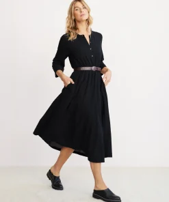 New Seersucker Shirt Dress Women Long Sleeve Dresses